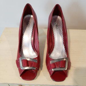Cato Size 9 Red Stilettos Heels Open Toe Silver Buckle 3.5" Heel